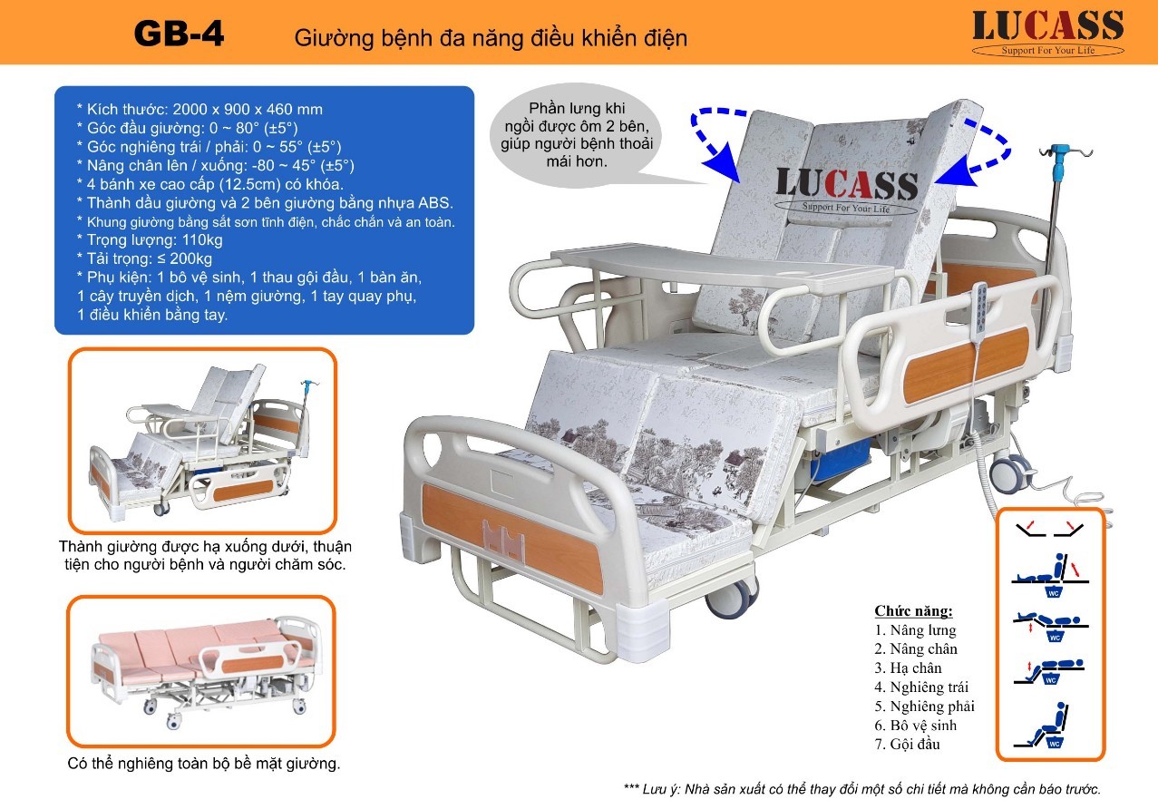 Giường điện Lucass GB4 thiết kế bánh xe tiện lợi cho nhu cầu di chuyển.