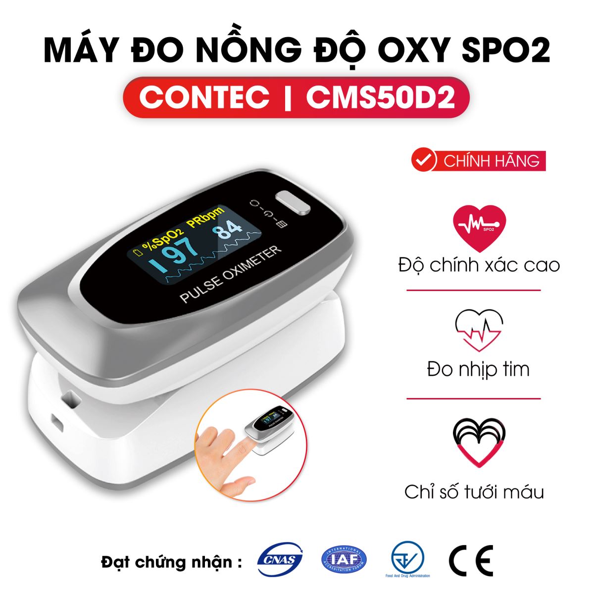 Máy đo nồng độ Oxy trong máu SPO2 Contec CMS50D2 có màn hình OLED lớn