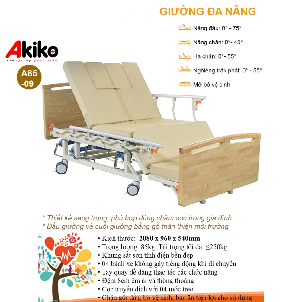 Giường bệnh 4 tay quay Akiko A85-09 khung giường được làm bằng sắt sơn tĩnh điện mang lại độ bền