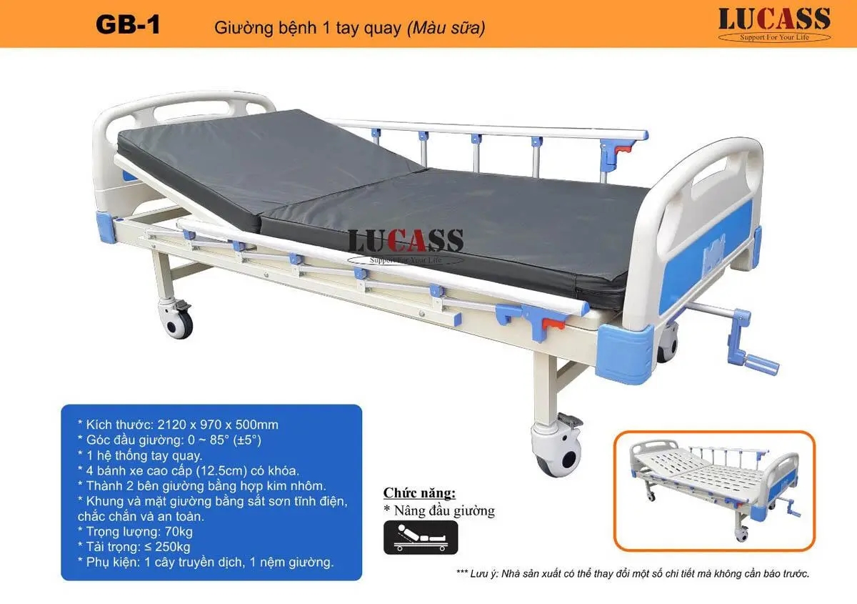 Giường bệnh Lucass GB-1 có thiết kế bánh xe tiện lợi cho nhu cầu di chuyển